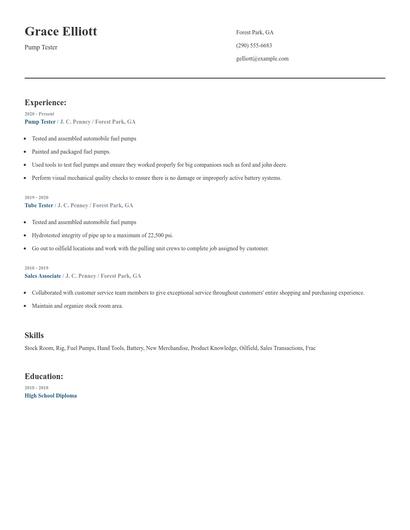 Pump Tester Resume