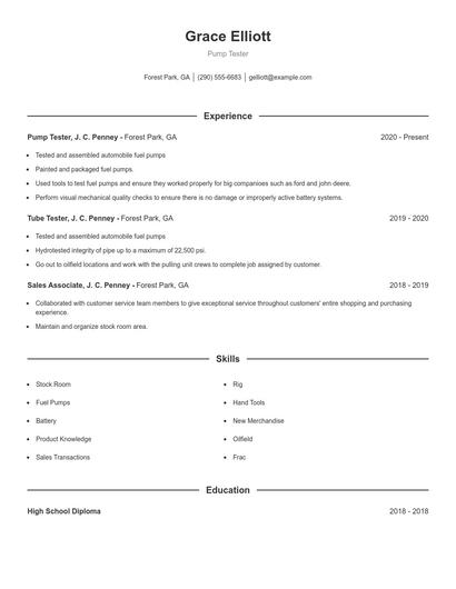Pump Tester Resume