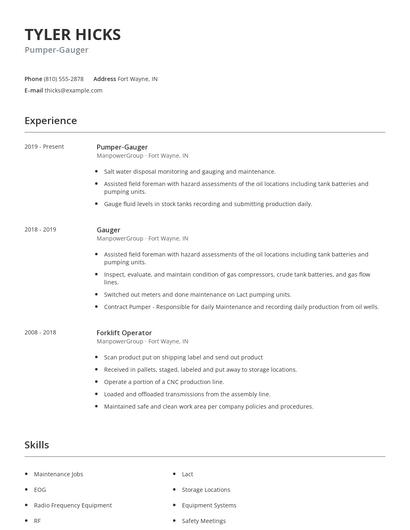 Pumper-Gauger Resume