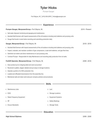 Pumper-Gauger Resume