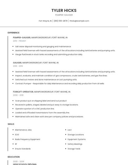 Pumper-Gauger Resume