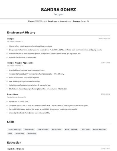 Pumper Resume