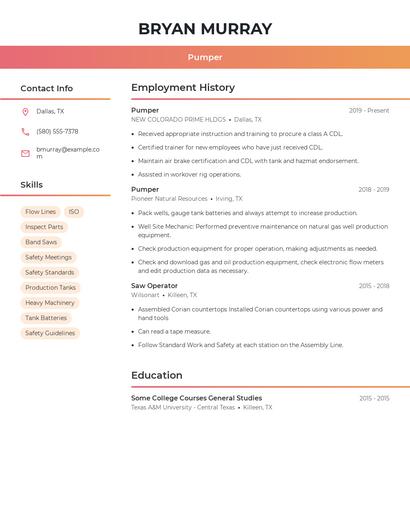 Pumper Resume