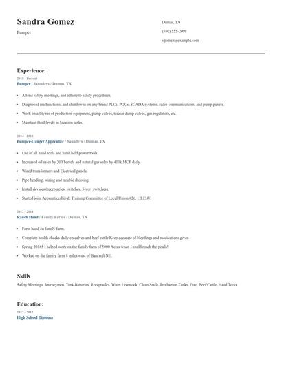 Pumper Resume