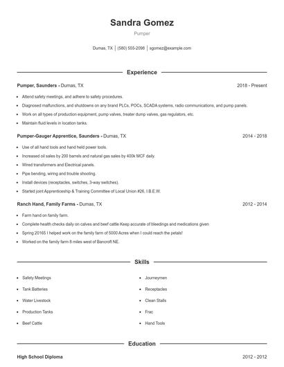 Pumper Resume