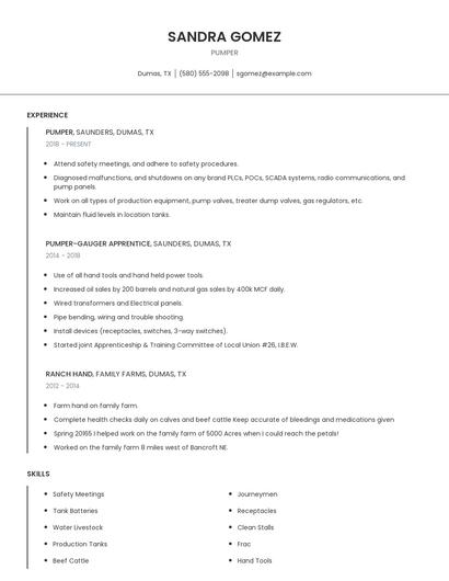 Pumper Resume