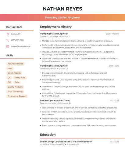 Pumping Station Engineer Resume