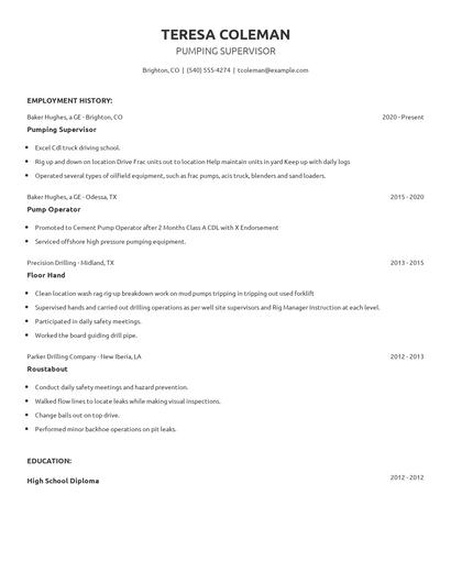 Pumping Supervisor Resume