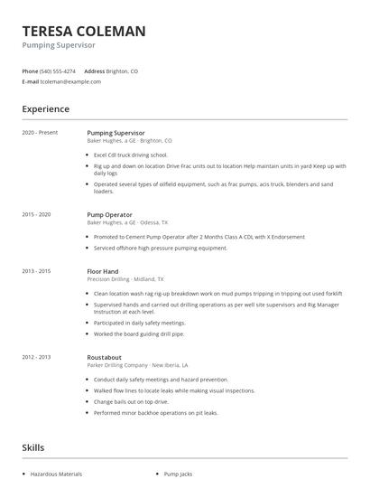 Pumping Supervisor Resume