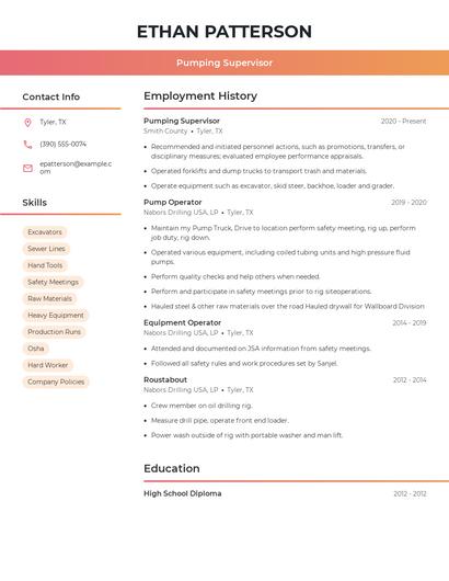 Pumping Supervisor Resume