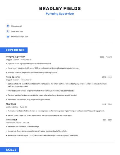 Pumping Supervisor Resume