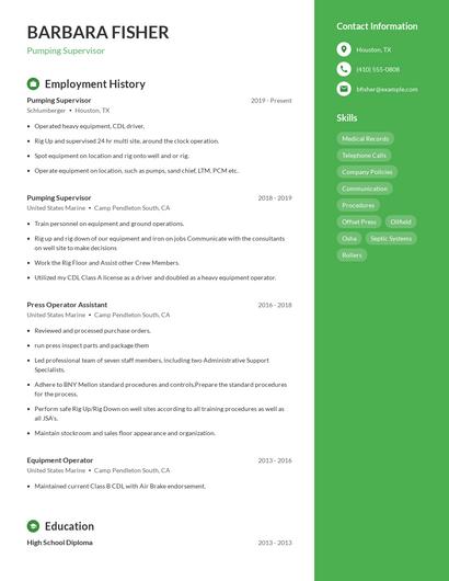 Pumping Supervisor Resume