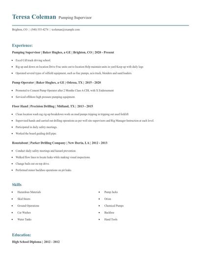 Pumping Supervisor Resume