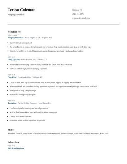 Pumping Supervisor Resume