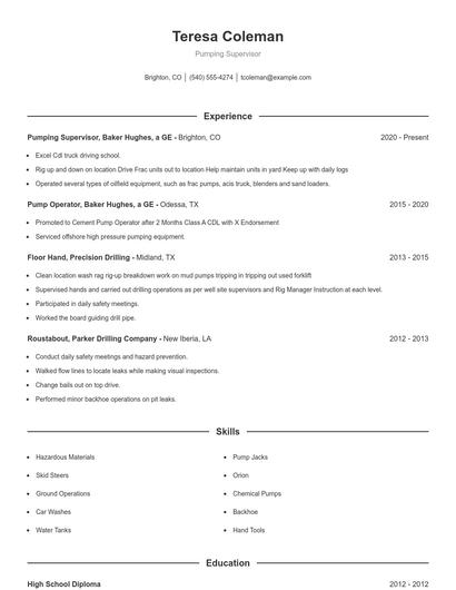 Pumping Supervisor Resume