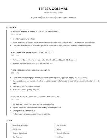 Pumping Supervisor Resume