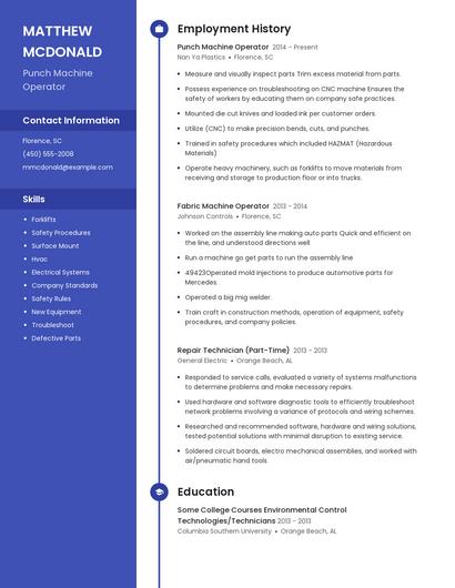 Punch Machine Operator Resume