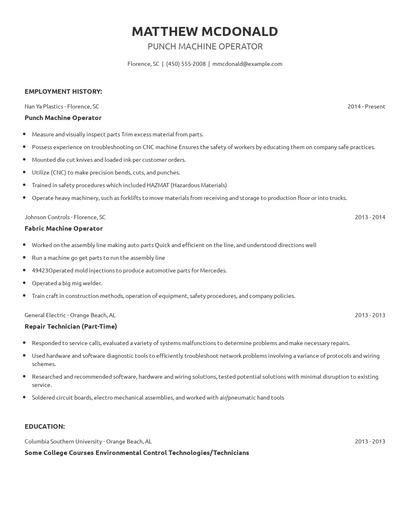 Punch Machine Operator Resume