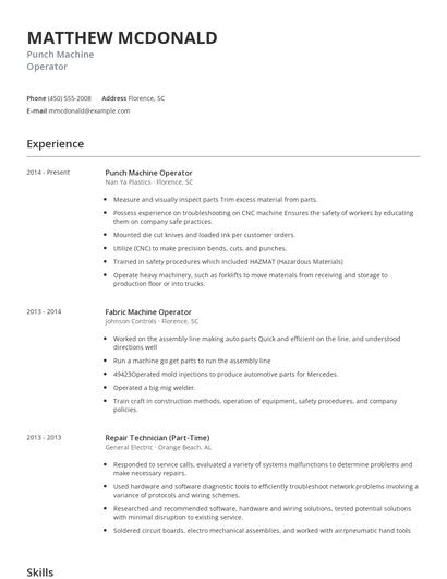 Punch Machine Operator Resume