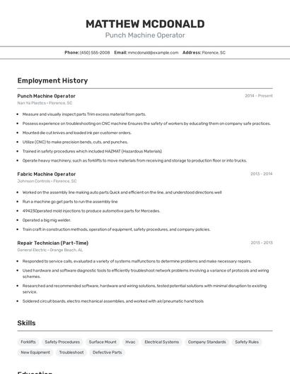 Punch Machine Operator Resume