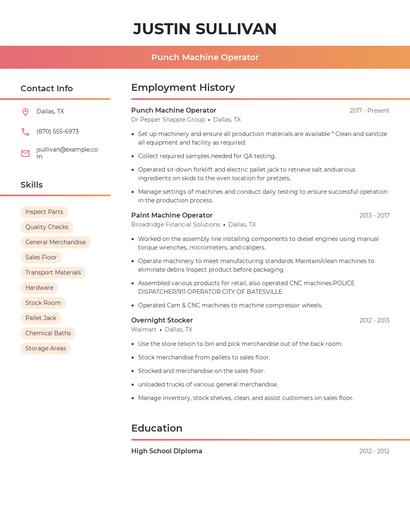 Punch Machine Operator Resume