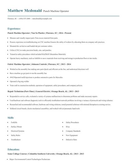 Punch Machine Operator Resume