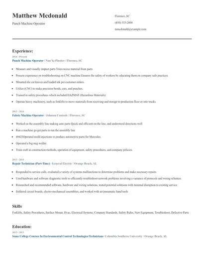 Punch Machine Operator Resume
