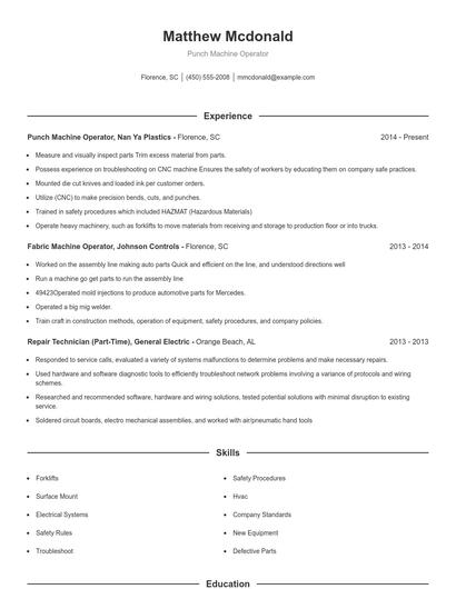 Punch Machine Operator Resume