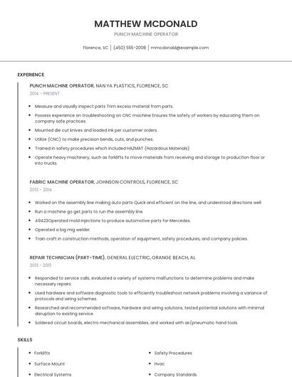 Punch Machine Operator Resume