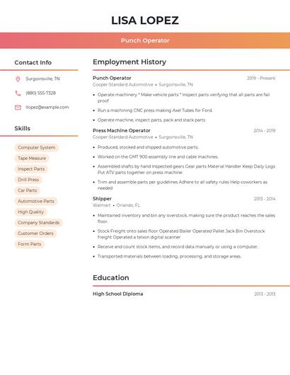 Punch Operator Resume