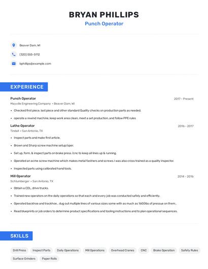 Punch Operator Resume