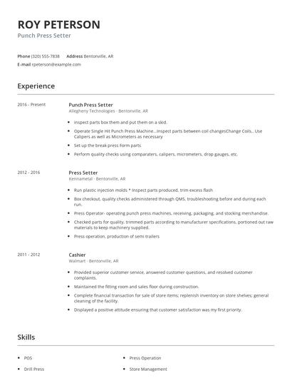 Punch Press Setter Resume