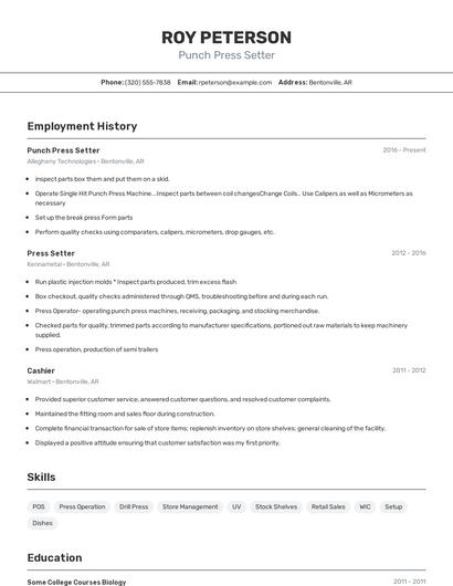 Punch Press Setter Resume