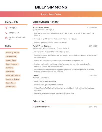 Punch Press Setter Resume