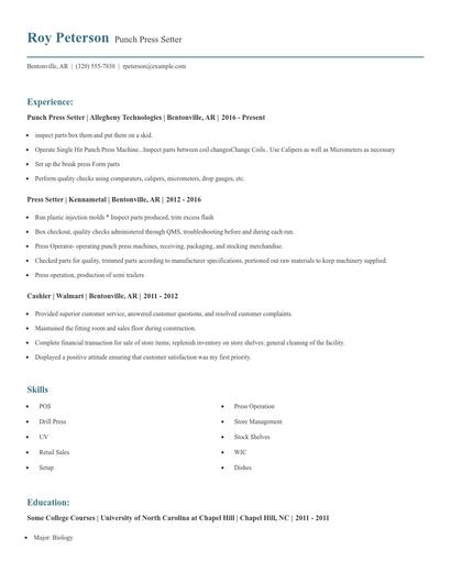 Punch Press Setter Resume