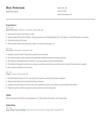 Punch Press Setter Resume