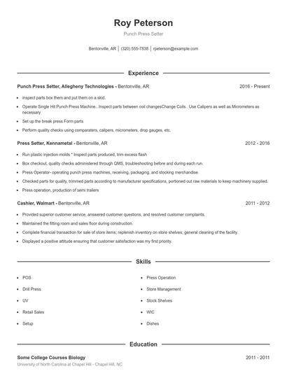 Punch Press Setter Resume