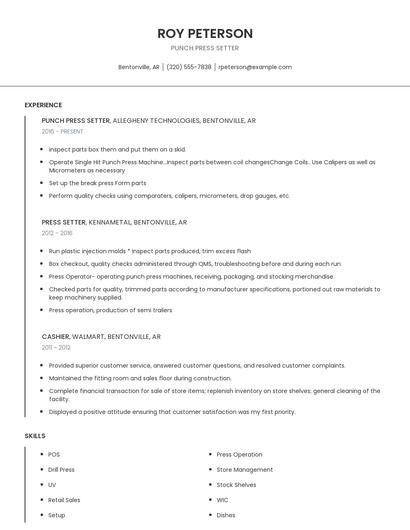 Punch Press Setter Resume