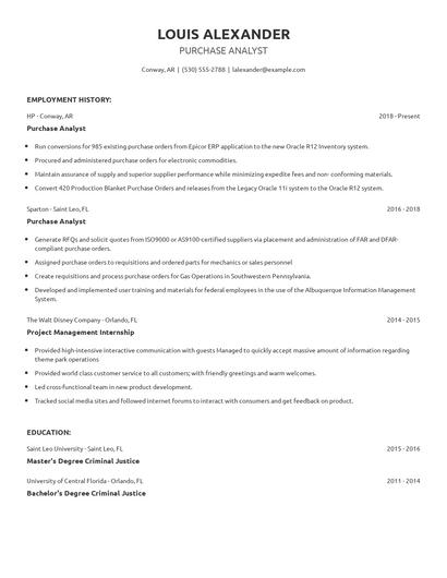 Purchase Analyst Resume