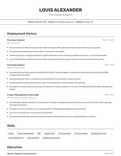 Purchase Analyst Resume