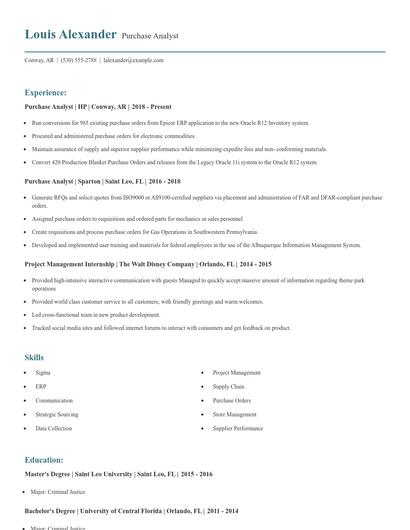 Purchase Analyst Resume
