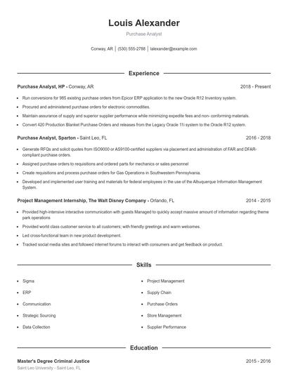 Purchase Analyst Resume