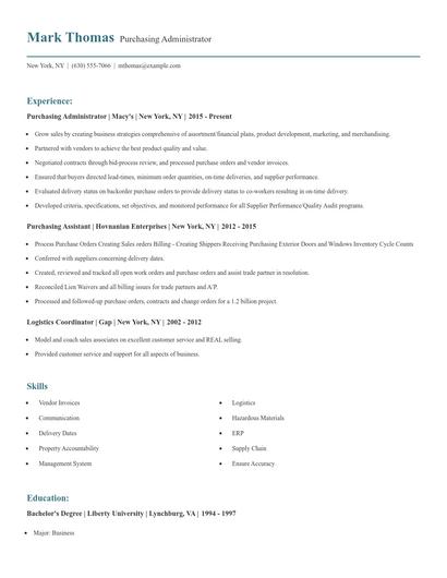 Purchasing Administrator Resume