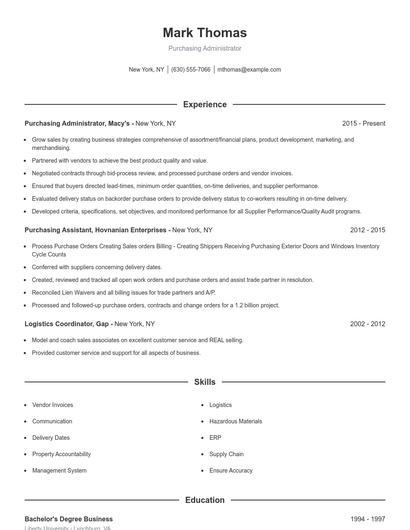 Purchasing Administrator Resume