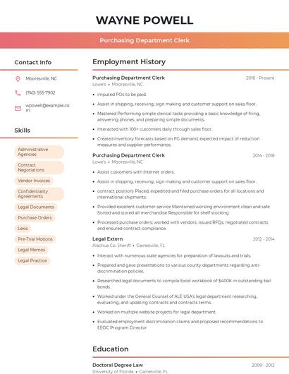 Purchasing Department Clerk Resume