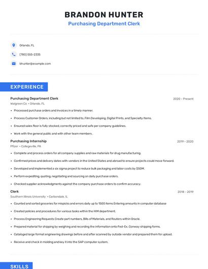 Purchasing Department Clerk Resume
