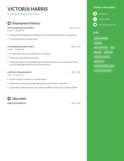 Purchasing Department Clerk Resume