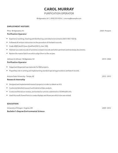 Purification Operator Resume