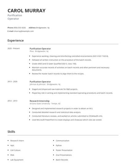Purification Operator Resume