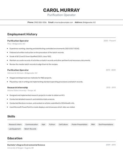Purification Operator Resume